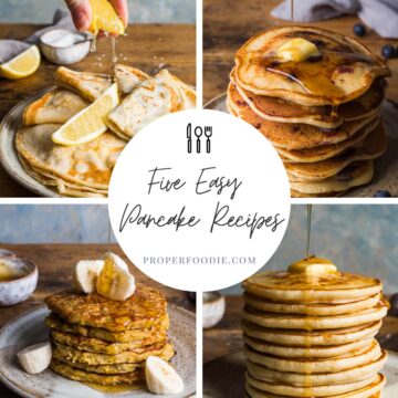 Collage of 4 images showing 4 easy recipes for pancakes.