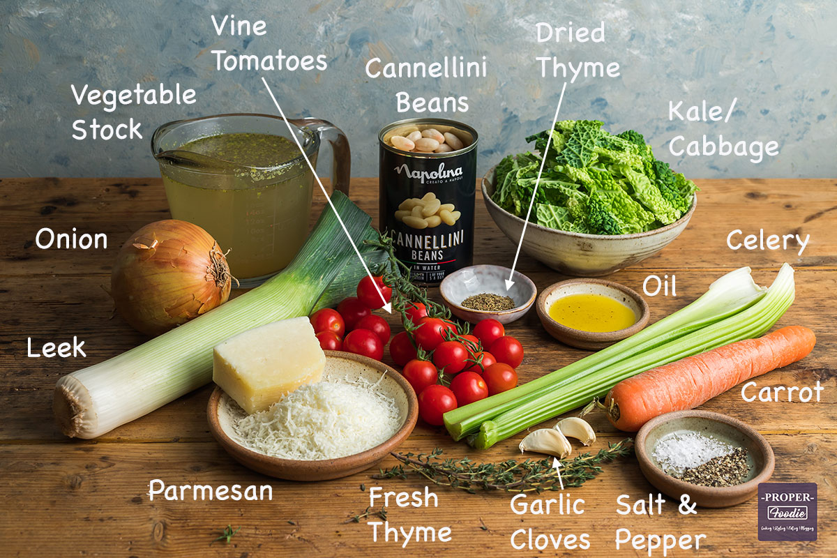 Ingredients needed to make this recipe displayed on a table with text labels