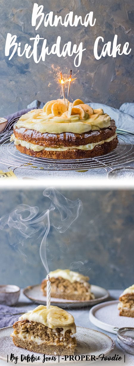 Banana Birthday Cake with mascarpone cream and banana topping