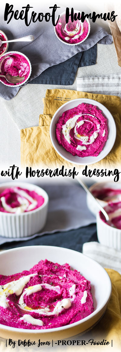 beetroot hummus with horseradish creme fraiche dressing