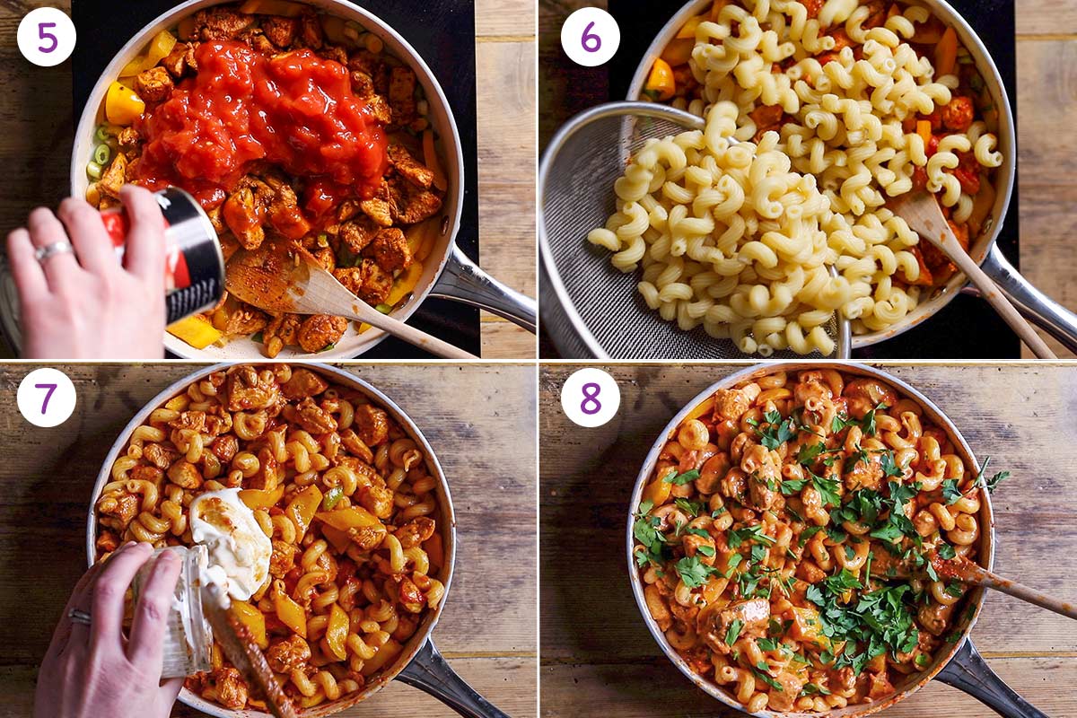 Four images showing how to make cajun chicken pasta for steps 5-8.