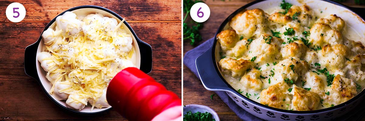 A collage of 2 images showing how to make this cauliflower recipe step by step for instructions 5 and 6.