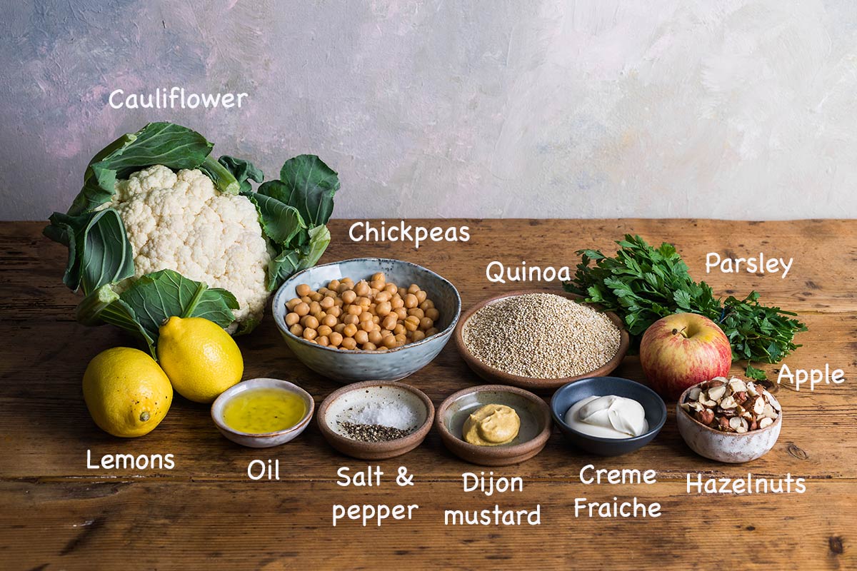 Ingredients for making roasted cauliflower salad.