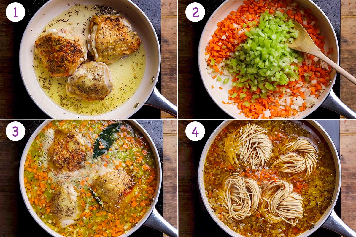 Four images showing how to make chicken noodle soup for steps 1-4.