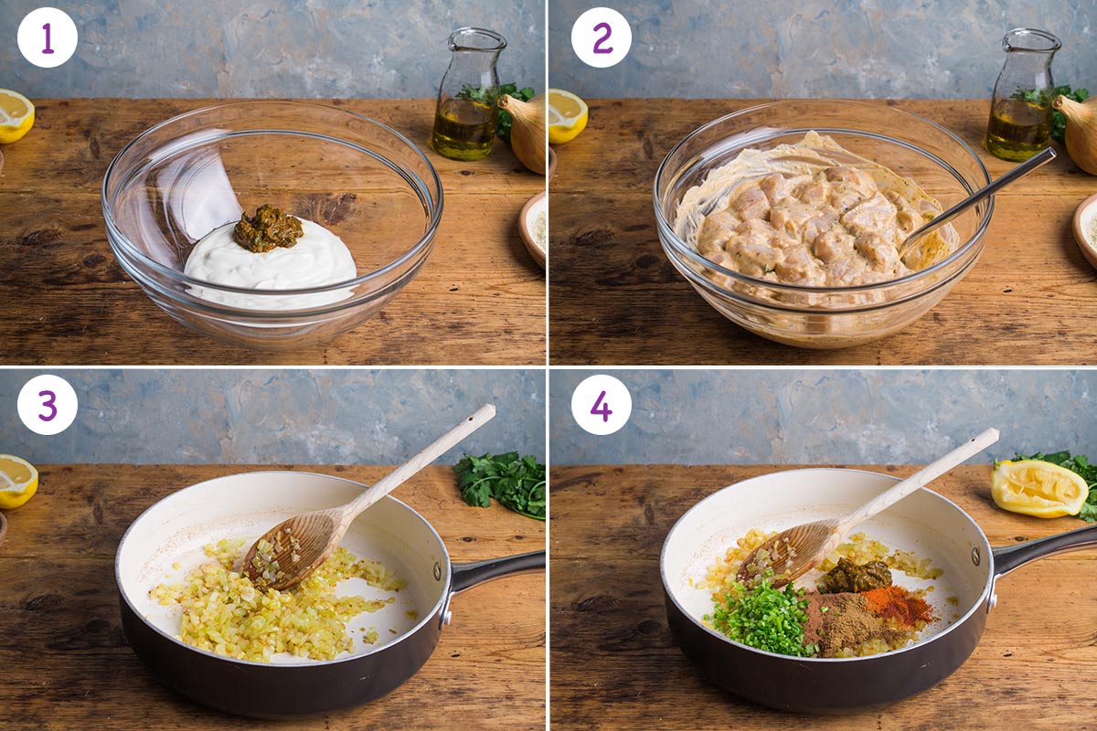 Four images showing how to make chicken tikka masala step by step for steps 1-4.