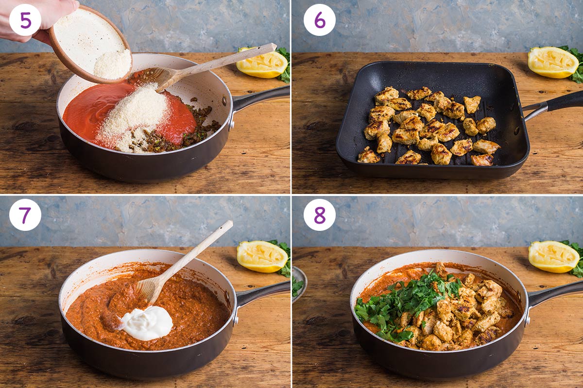 Four images showing how to make chicken tikka masala step by step for steps 5-8.