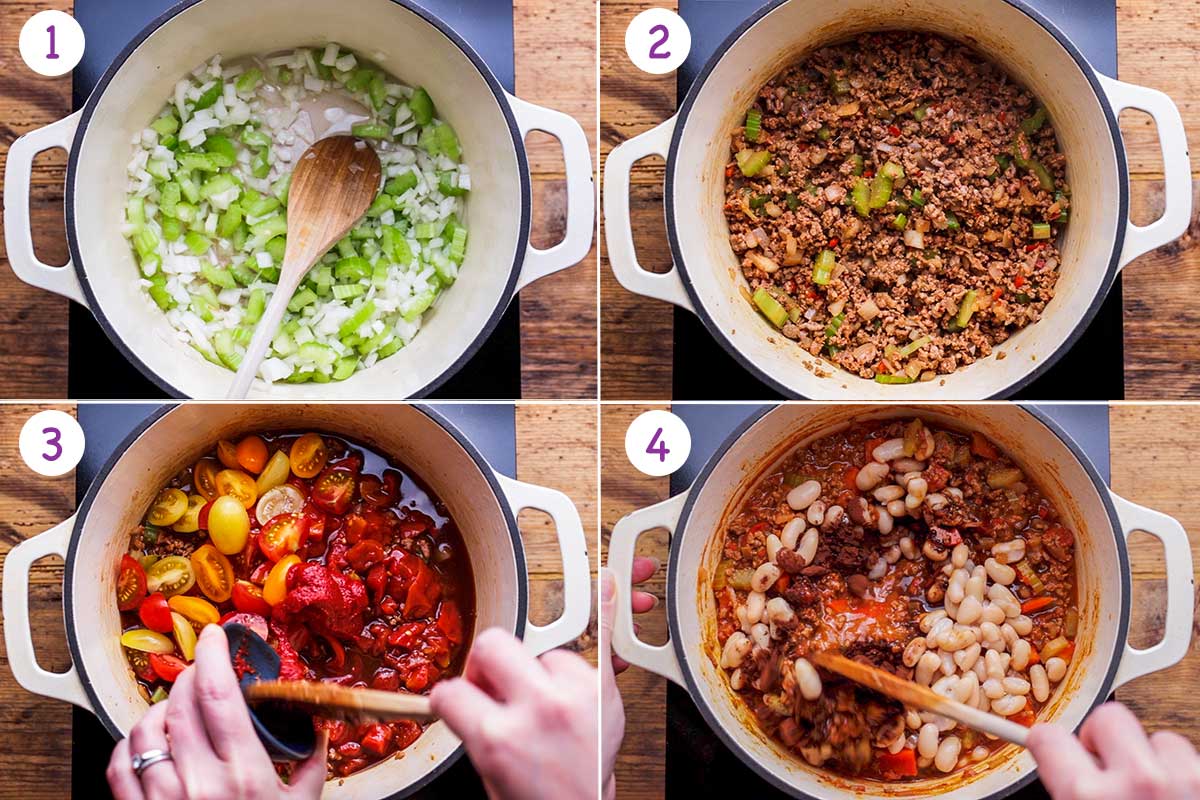 step by step images of how to make chilli con carne steps 1-4.