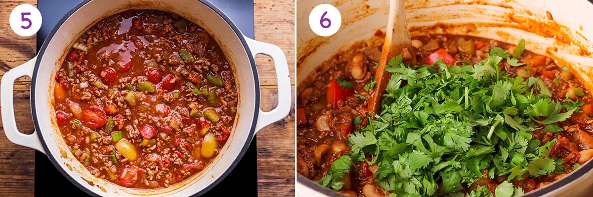 Images of how to make chilli con carne for recipe steps 5 and 6