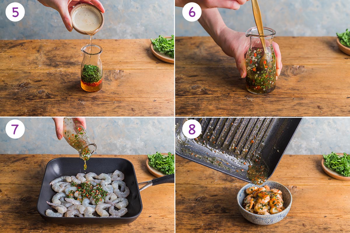 Four images showing how to make chilli garlic prawns starter for steps 5-8.