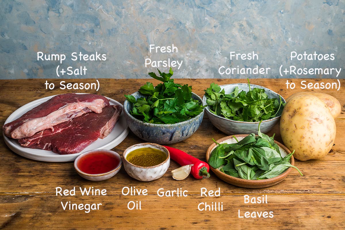 Ingredients needed to make chimichurri steak platter.