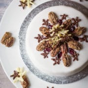 Christmas cake from above on a white cake stand