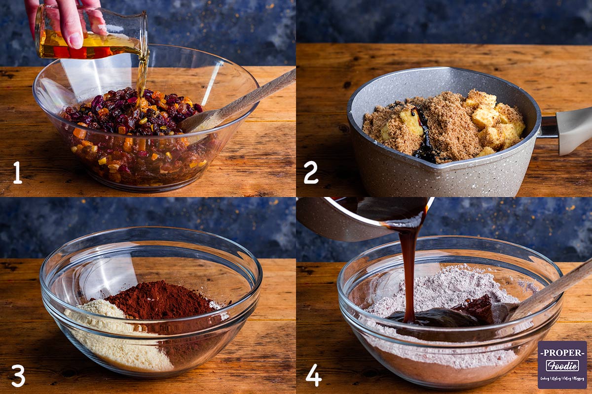 four images showing how to make Christmas cake step by step for instructions 1-4.