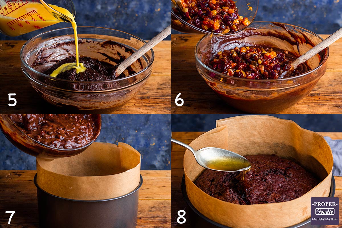 four images showing how to make Christmas cake step by step for instructions 5-8.