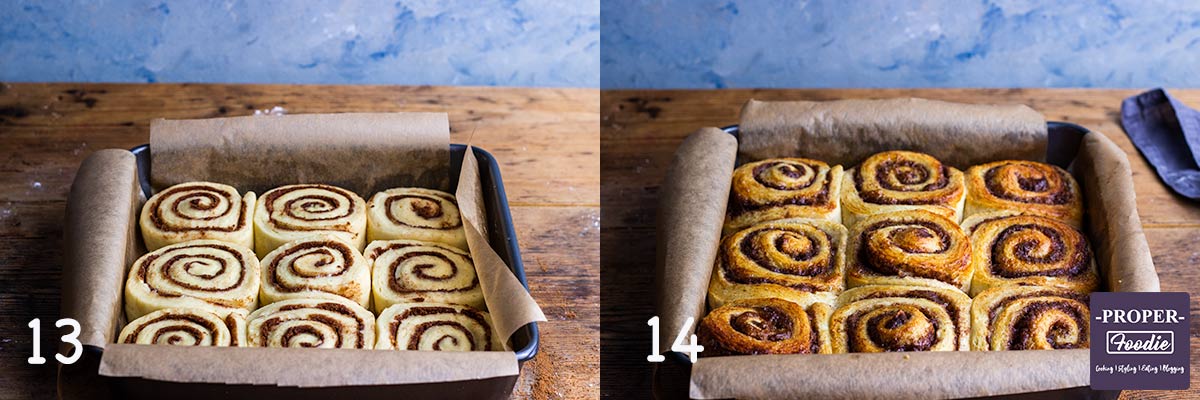 2 images showing steps 13 & 14 for making Cinnamon rolls: 13. Place swirls in baking tin, 14. Bake until golden brown