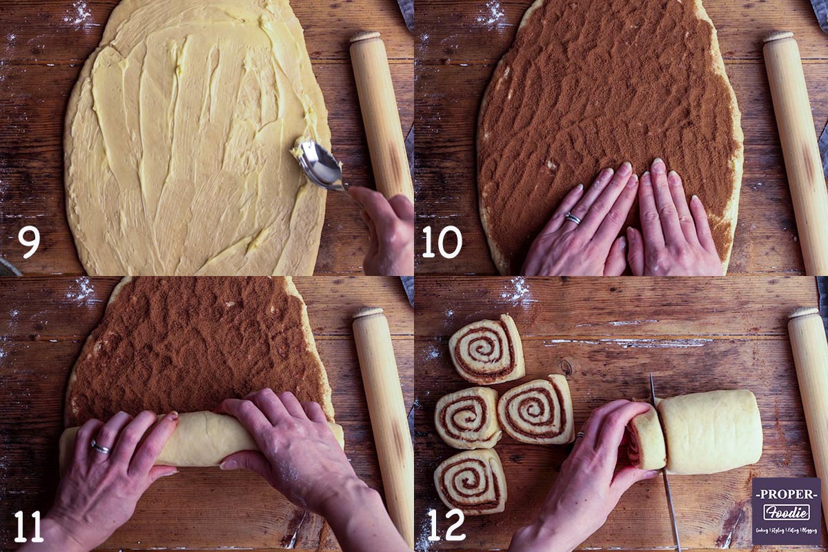 4 images showing steps 9-12 for making Cinnamon Swirls: 9. spread butter on rolled out dough, 10. sprinkle cinnamon sugar over butter, 11. Roll up, 12. slice into 9 even swirls.