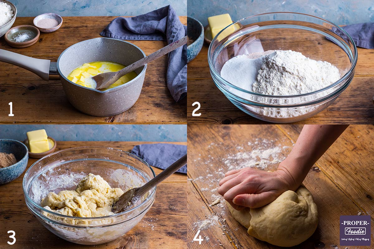 4 images showing steps 1-4 for making Cinnamon rolls: 1. Melt butter into milk in a pan, 2. mix flour, caster sugar, yeast and salt, 3. pour pan mixture into dry ingredients and form a dough, 4. Turn out and knead dough.