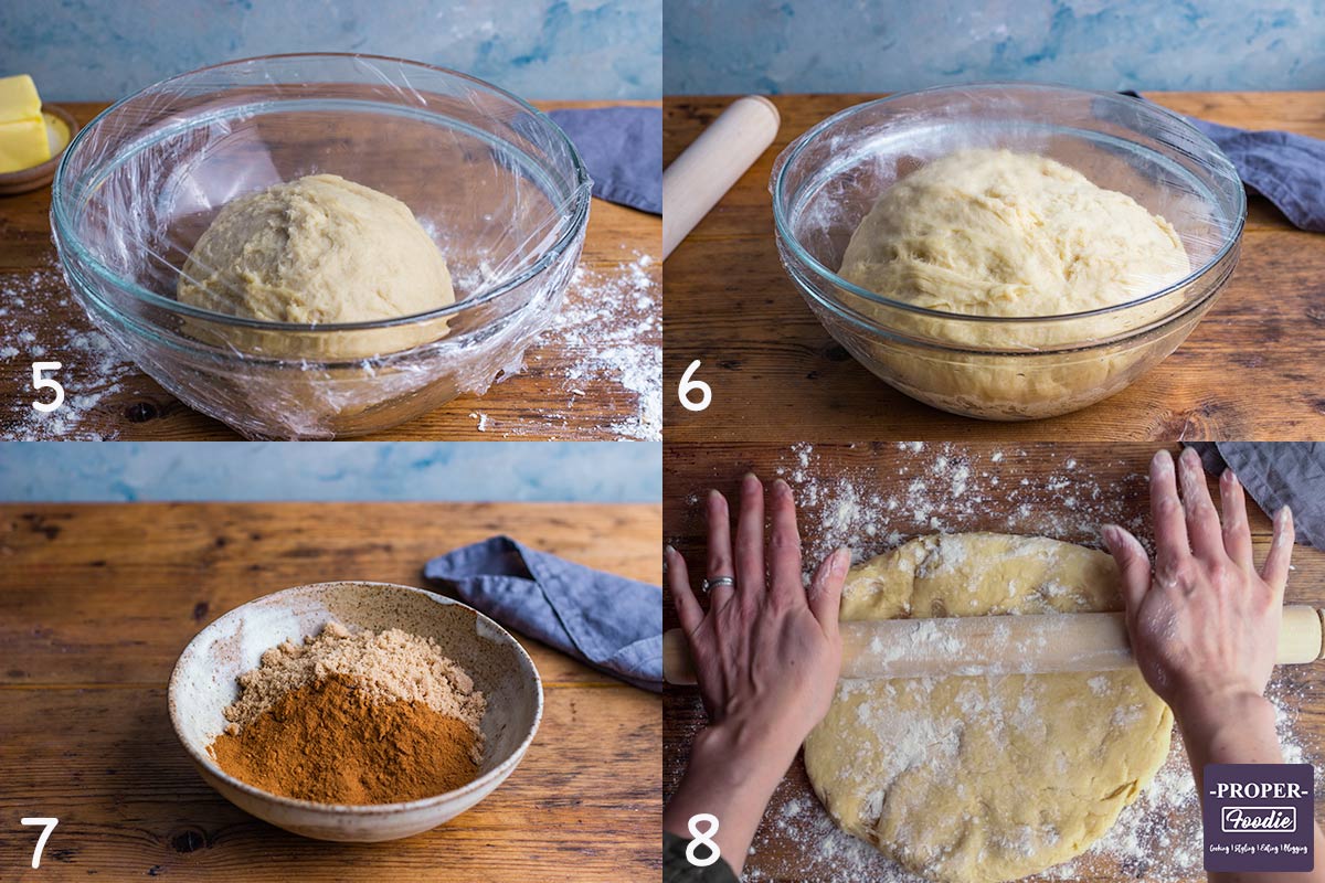 4 images showing steps 5-8 for making Cinnamon rolls: 5. Place dough in oiled bowl and cover, 6. leave to rise to double in size, 7. mix cinnamon and dark brown sugar, 8. roll out dough into rectangle 2-3 mm thick.