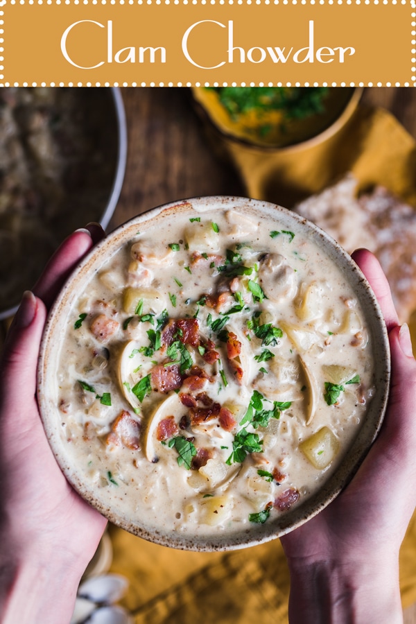 Creamy clam chowder; New England style. Made with frozen meretrix clams, smoked bacon and a creamy white wine sauce