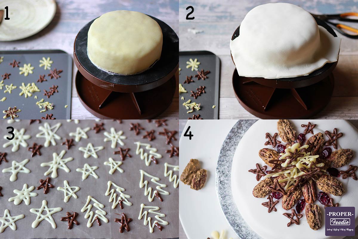 Four images showing how to ice and decorate a Christmas cake step by step for instructions 1-4