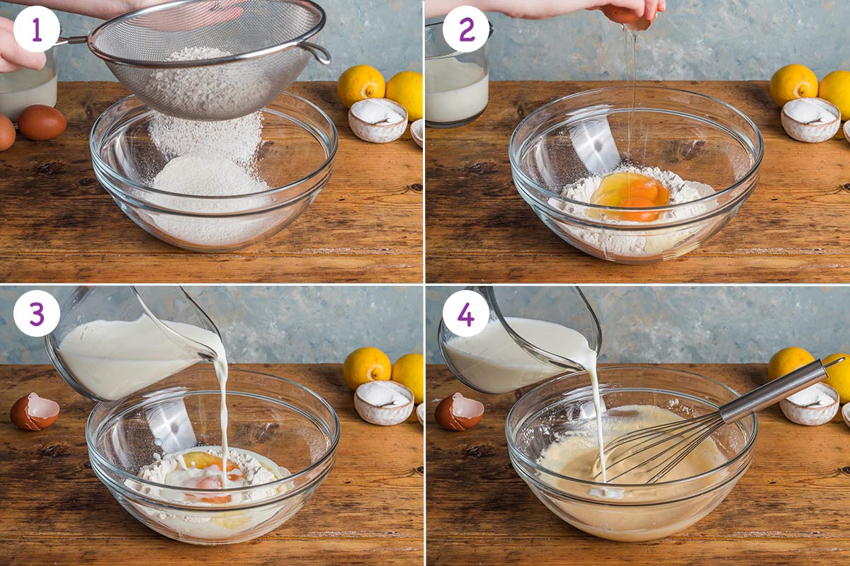 A collage of 4 images showing how to make English pancakes step by step for instructions 1-4.