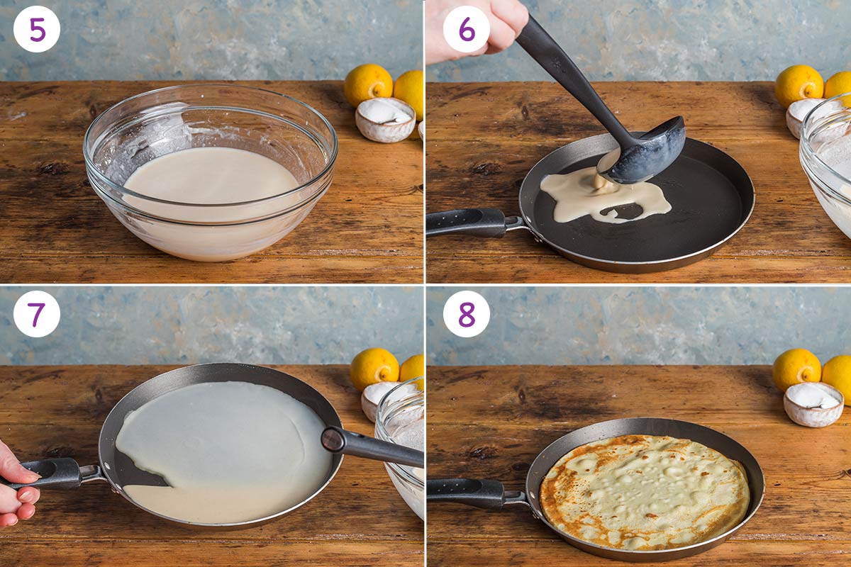 A collage of 4 images showing how to make English pancakes step by step for instructions 5-8.