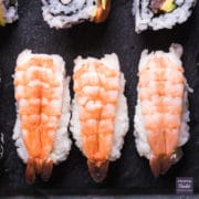 nigiri sushi with butterflied prawns