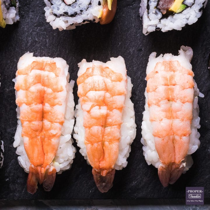 nigiri sushi with butterflied prawns