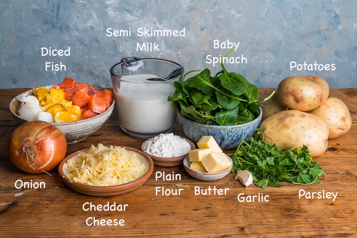 A display of the ingredients needed to make this classic fish pie recipe with text overlay stating each ingredients.