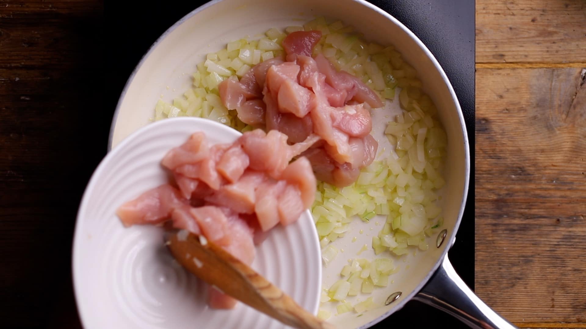 fry onions and chicken