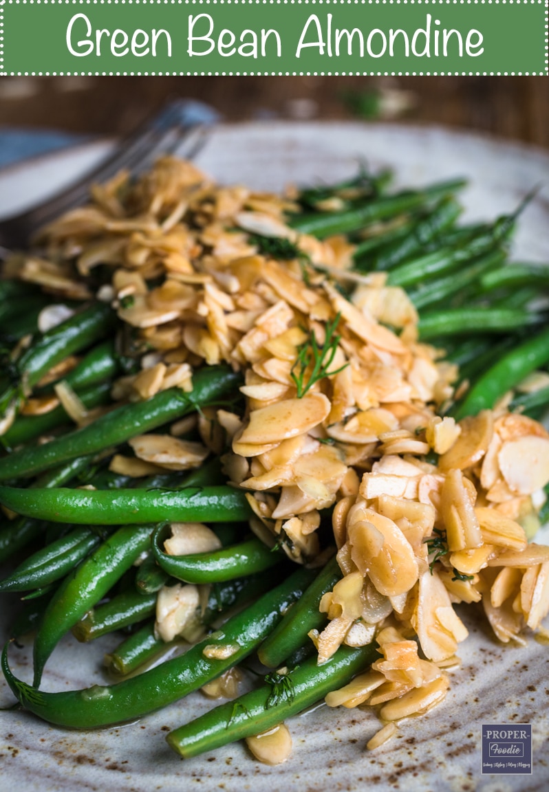 Crisp green bean almondine, a simple side dish, which is made extra special by the addition of buttery, pan fried almonds and a sprinkling of dill. If there was ever a reason to start eating your greens – this surely must be it!