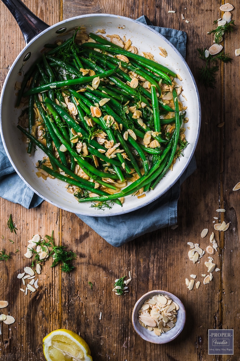 Green bean almondine in the pan