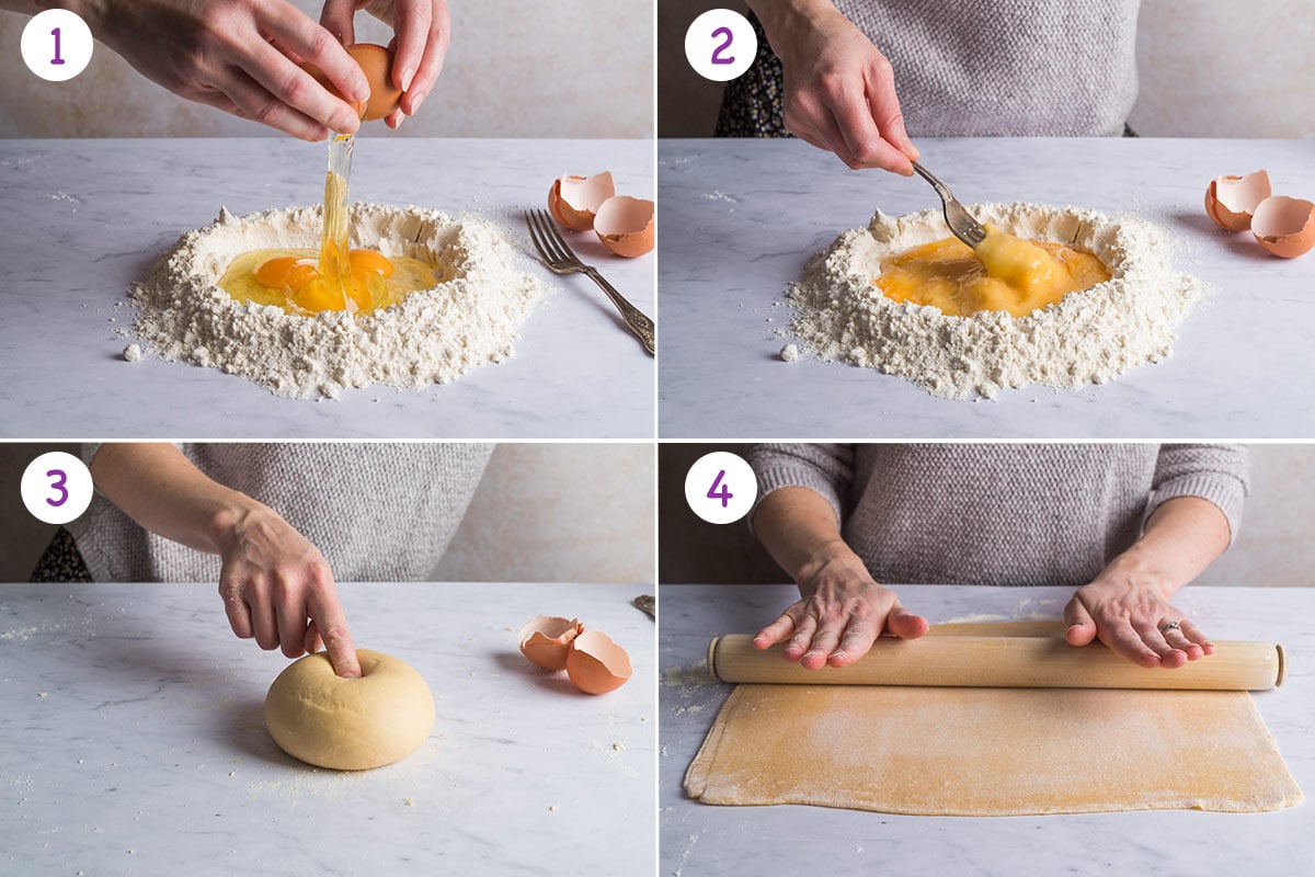 4 images showing how to make pasta step by step for steps 1-4.