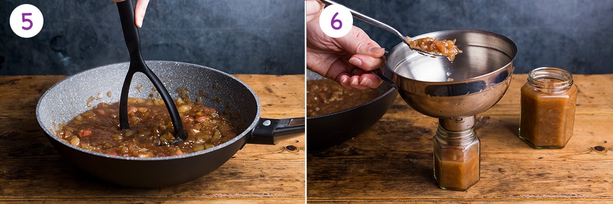 2 step by step images showing how to make pear chutney for steps 5-6.