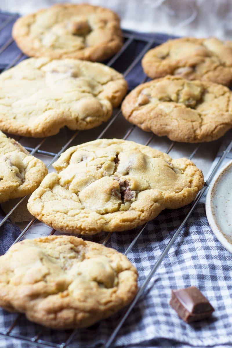 homemade soft bake cookies cooling on a wire rack