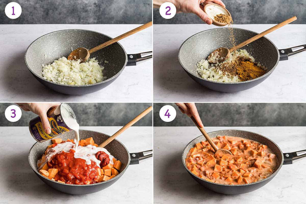 Collage of 4 images showing step by step how to make sweet potato curry for steps 1-4.