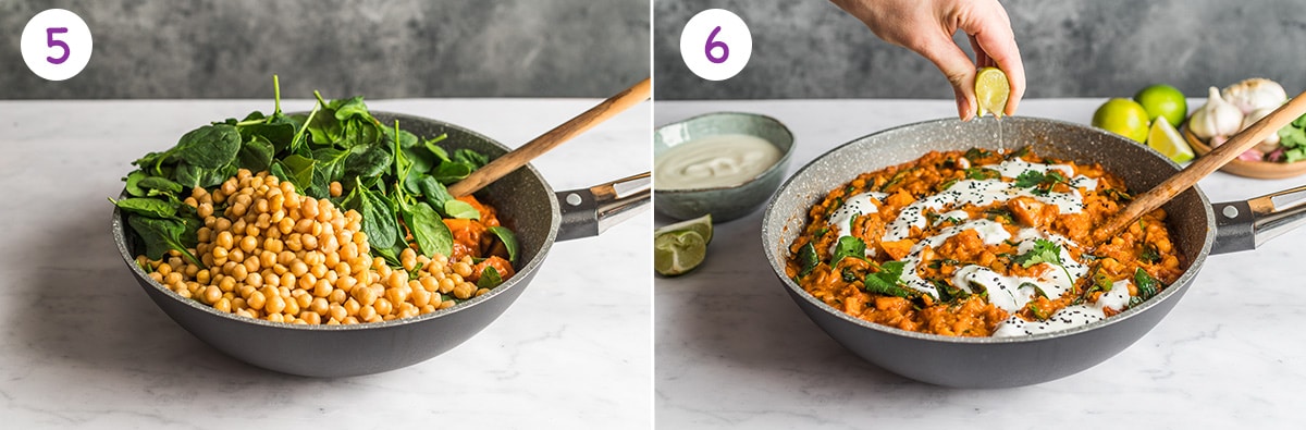 Collage of 2 images showing how to make sweet potato curry for steps 5 and 6.