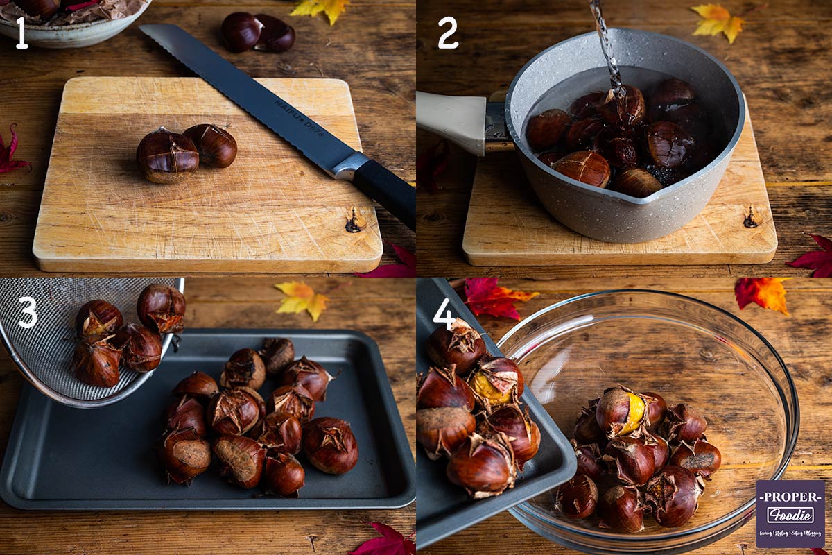 Images of how to roast chestnuts for steps 1-4: 1. slice a cross into the shells, 2. place chestnuts in a pan with boiling water and simmer for 5 minutes, 3. transfer nuts to a tray and roast for 15 minutes, 4. leave to steam in a bowl covered with a towel.