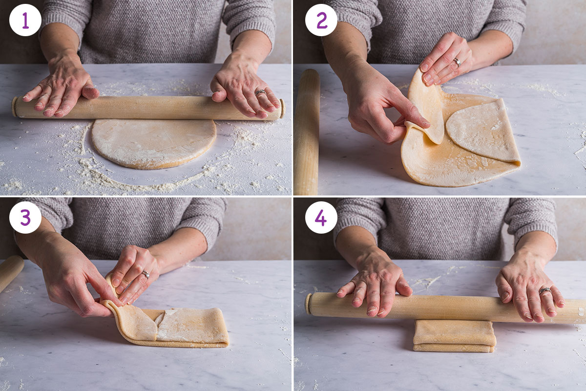 4 images showing how to roll pasta dough step by step.