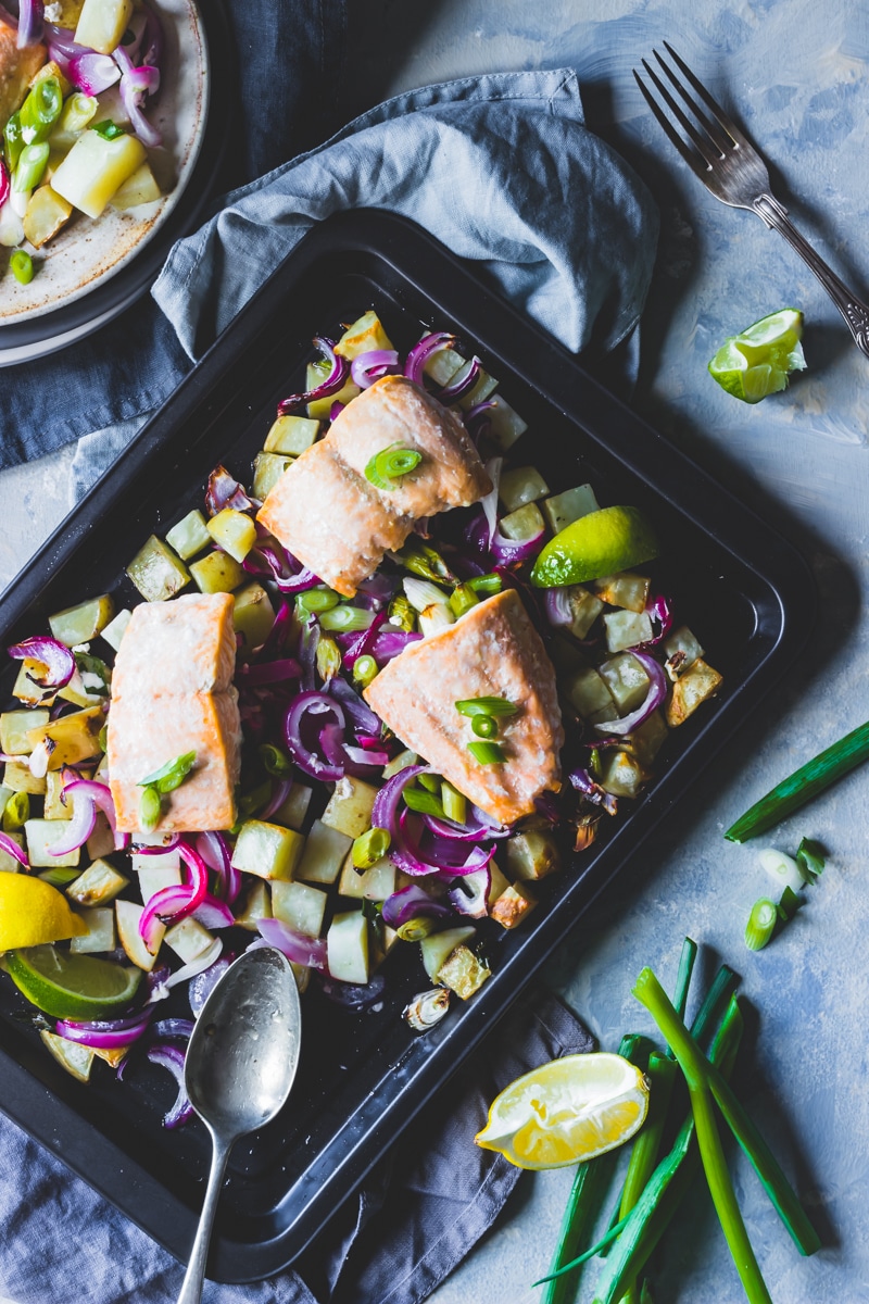 Frozen Salmon and potato traybake feed four for a fiver