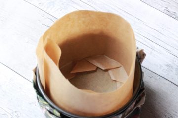 preparing a baking tin with grease proof paper