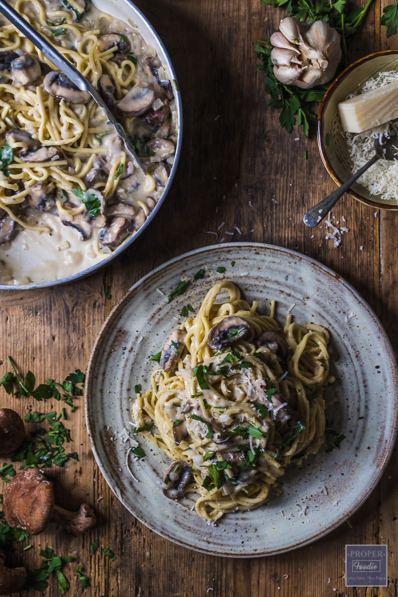 mushroom pasta in white wine cream sauce