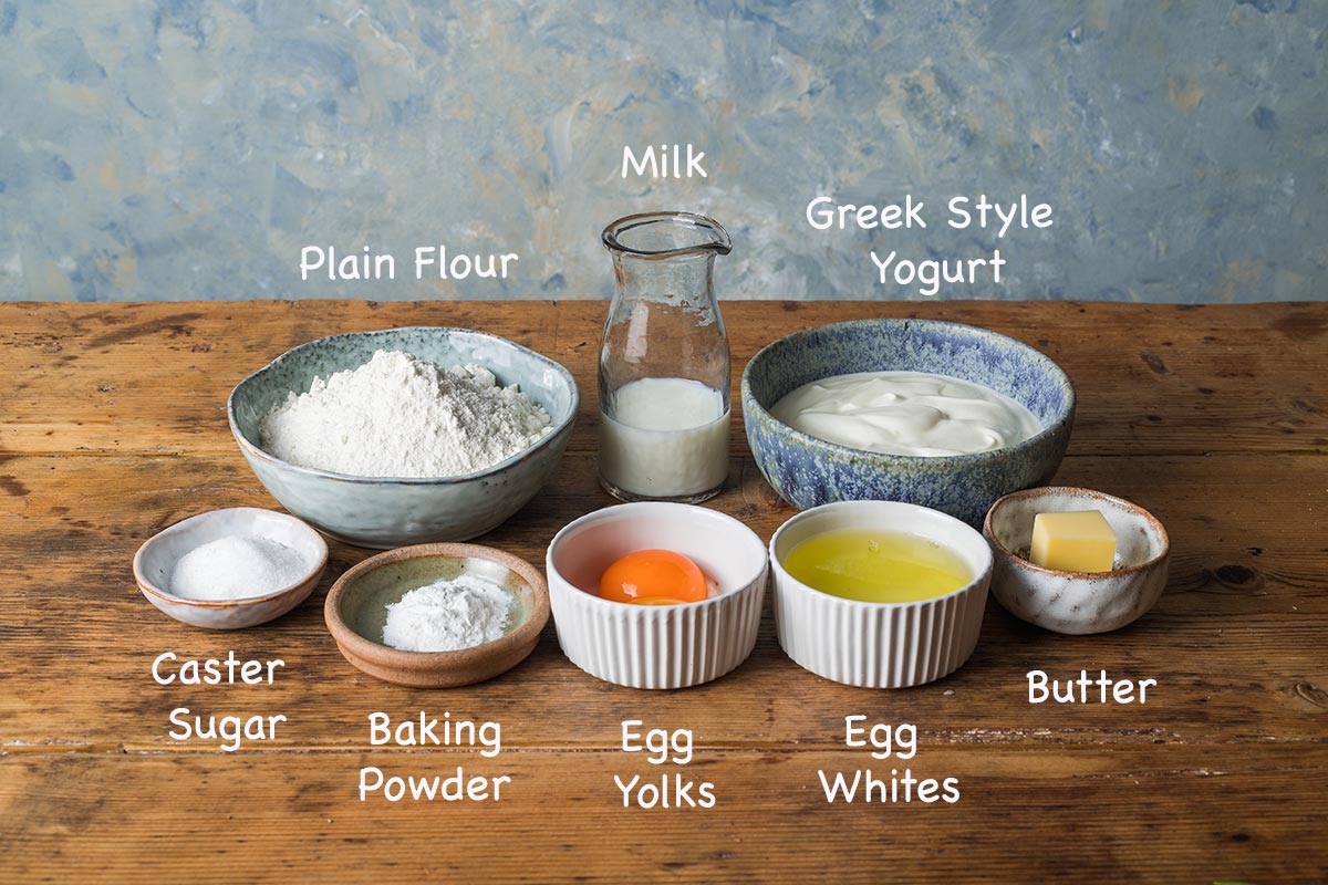 A display of the ingredients needed to make American style pancakes with text overlay stating each ingredients