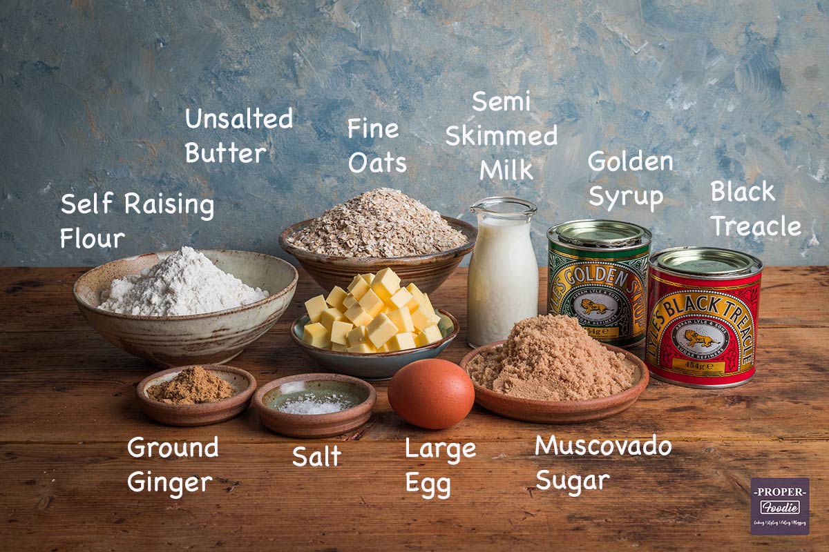 Ingredients for Parkin recipe: self raising flour, unsalted butter, fine oats, semi skimmed milk, golden syrup, black treacle, ground ginger, salt, large egg, muscovado sugar