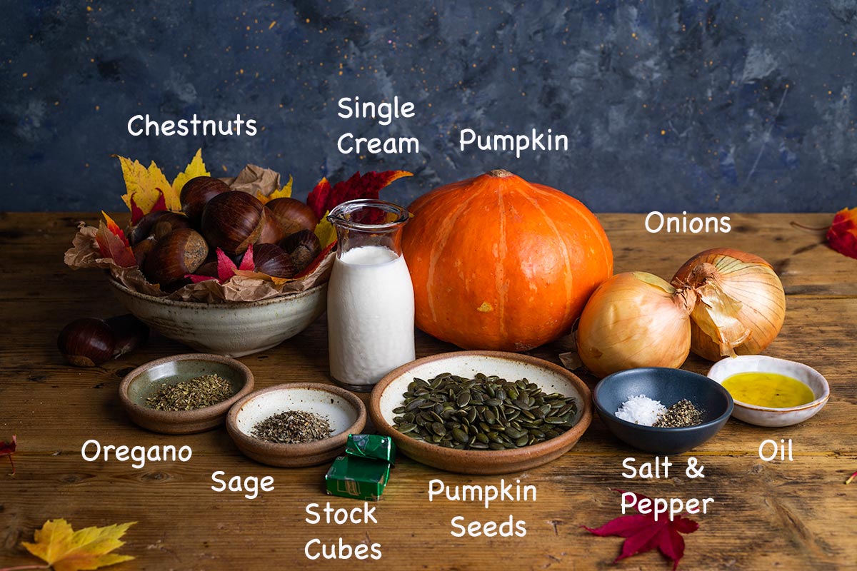 The ingredients required to make spiced pumpkin soup, labelled with white text.