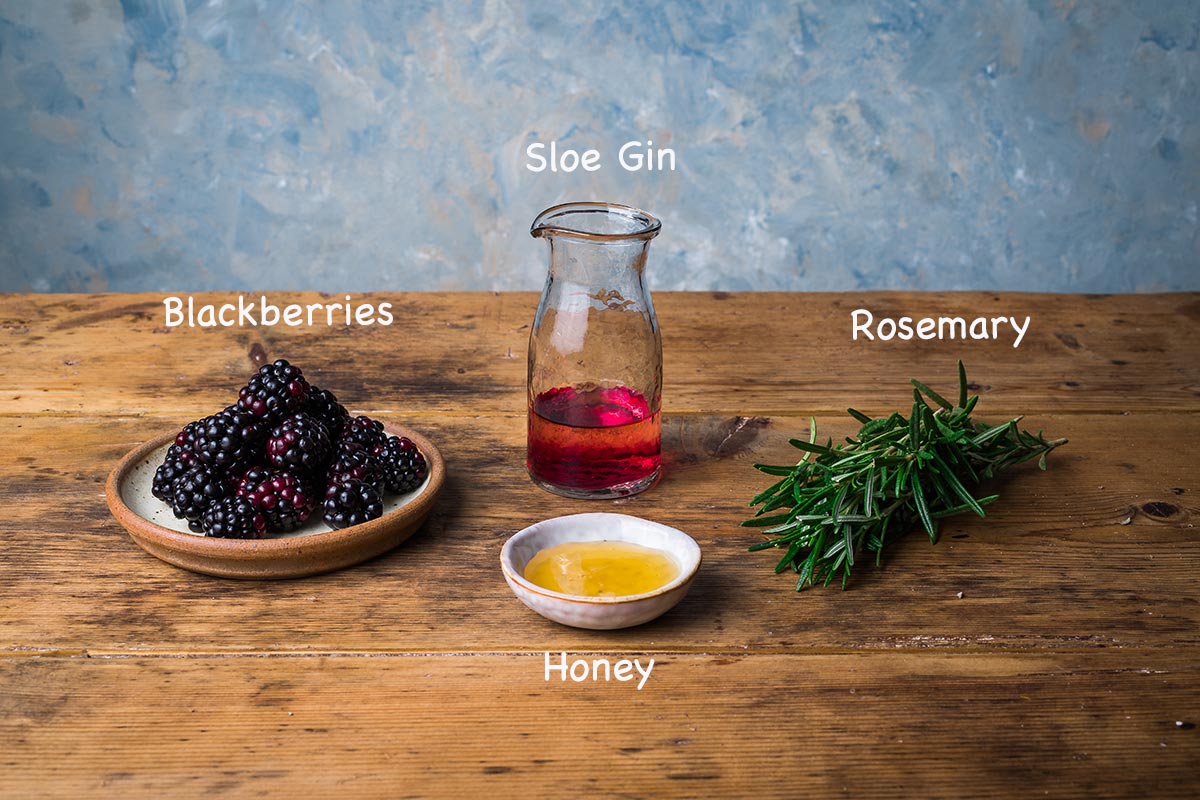 A display of the ingredients needed to make the sloe gin hot toddy recipe with text overlay stating each ingredients