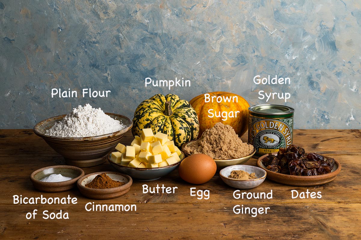 Ingredients to make pumpkins muffins with text overlay: plain flour, pumpkin, brown sugar, golden syrup, dates, ground ginger, egg, butter, cinnamon, bicarb of soda.