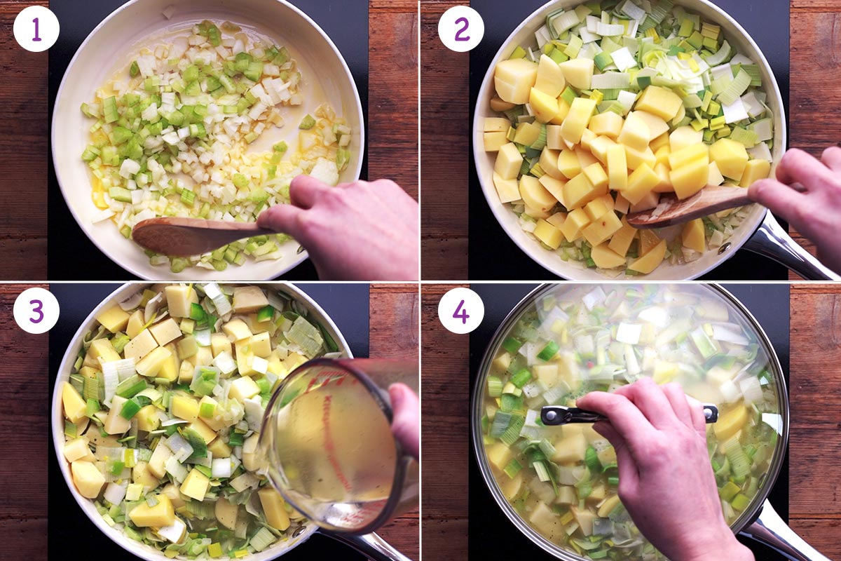 Step by step images of how to make leek and potato soup steps 1-4.