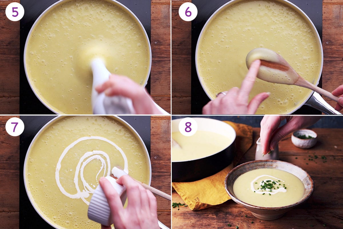 Step by step images of how to make leek and potato soup steps 5-8.