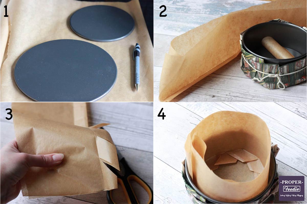 Four images showing how to line a cake tin step by step.