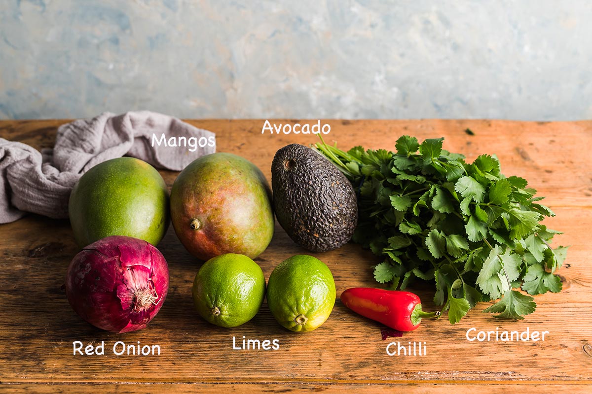 Ingredients for making mango salsa.